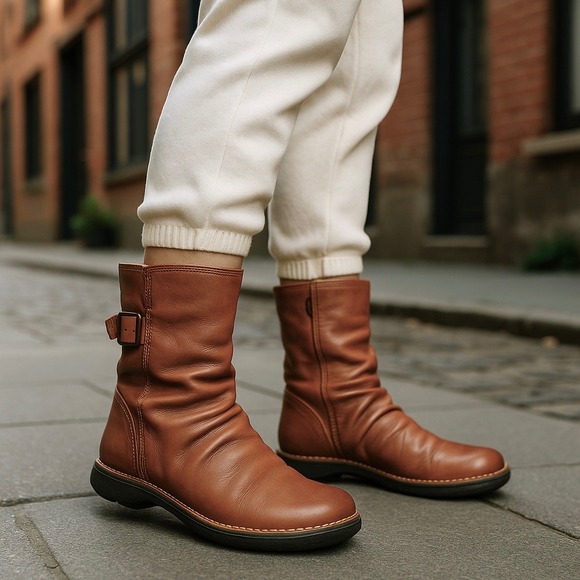 Miz Mooz Leather Parade Ankle Boot Brandy Zip Buckles 7.5-8 W EU 38 NIB - Picture 1 of 10
